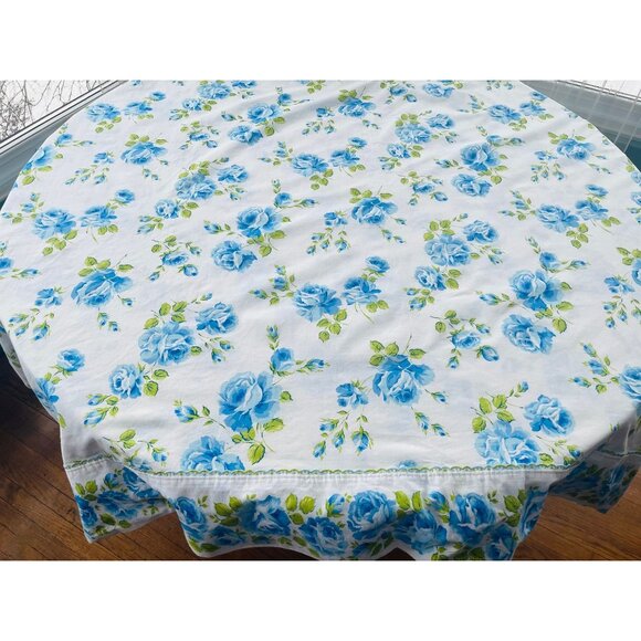 Vintage 70s flat/top sheet, blue roses floral, twin size bed, Wabasso - Picture 2 of 8